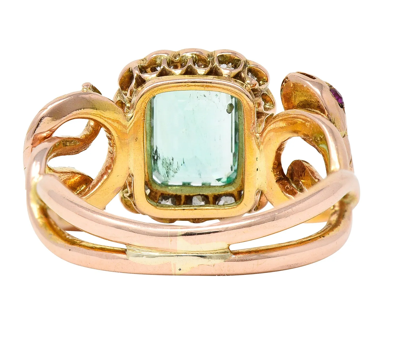 Victorian 2.46 CTW Emerald Old Mine Cut Diamond 18 Karat Rose Gold Snake Antique Halo Ring