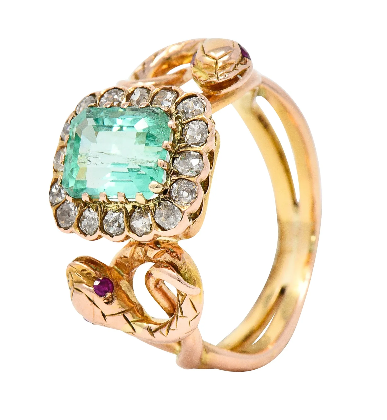 Victorian 2.46 CTW Emerald Old Mine Cut Diamond 18 Karat Rose Gold Snake Antique Halo Ring