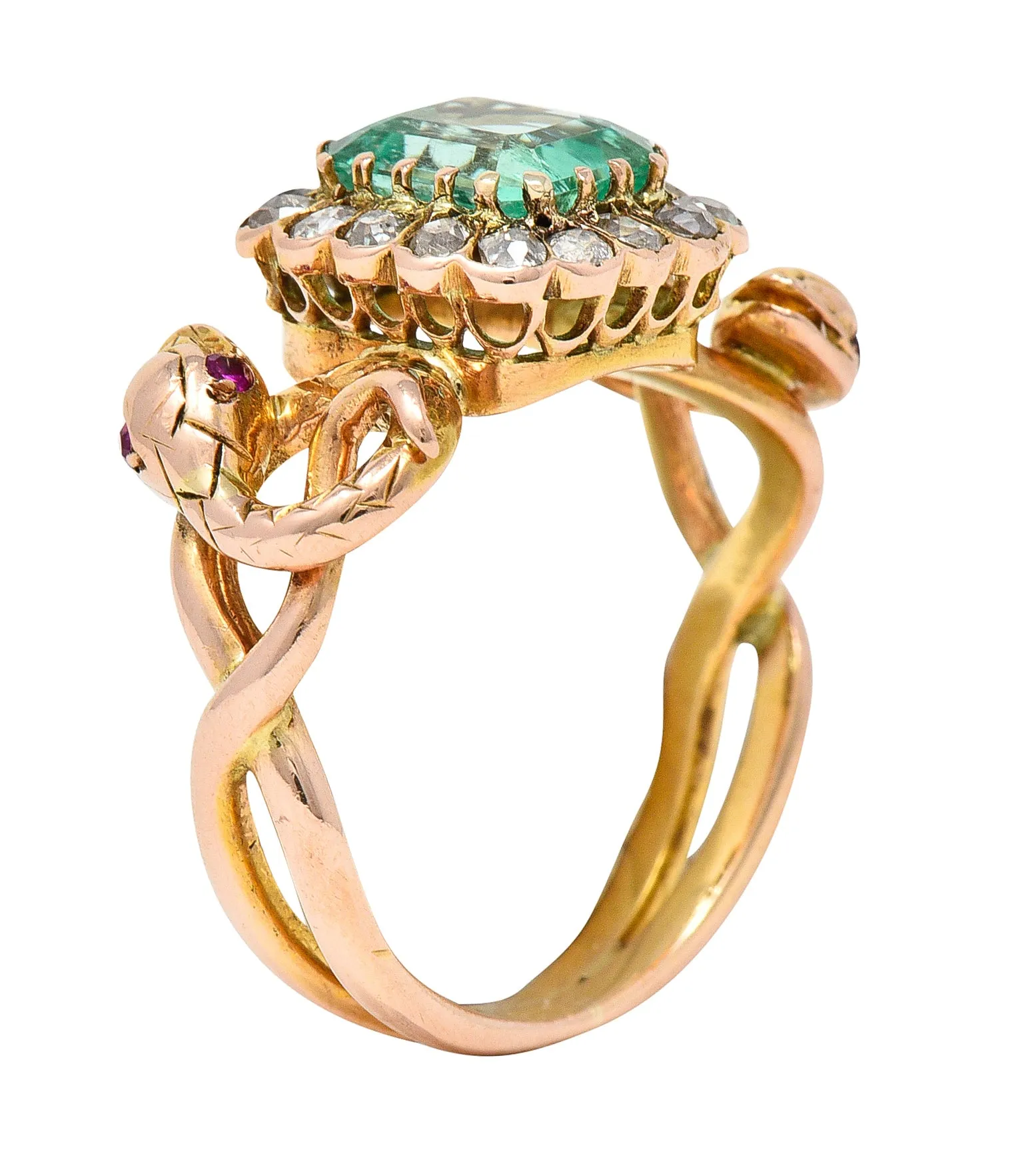 Victorian 2.46 CTW Emerald Old Mine Cut Diamond 18 Karat Rose Gold Snake Antique Halo Ring