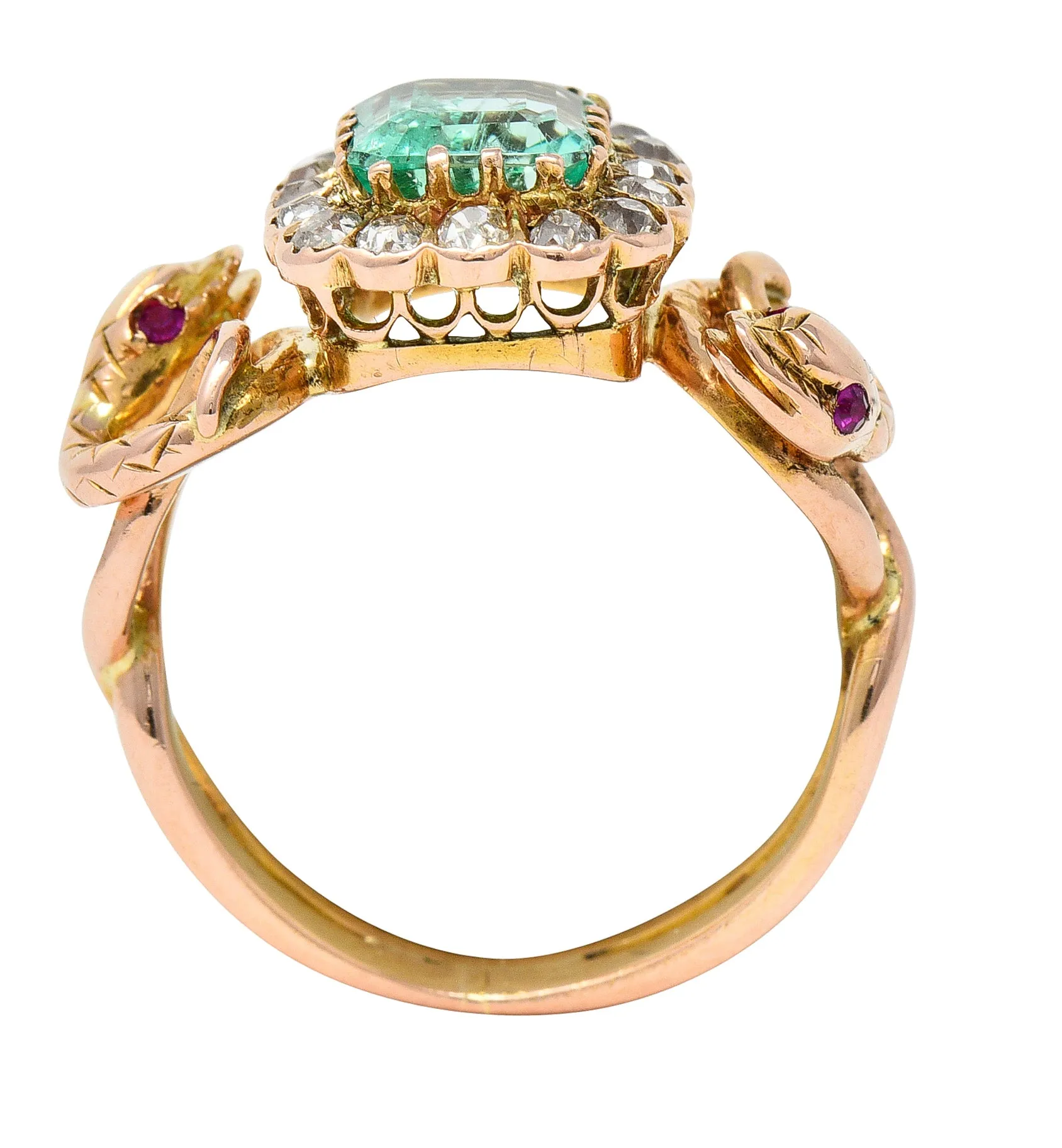 Victorian 2.46 CTW Emerald Old Mine Cut Diamond 18 Karat Rose Gold Snake Antique Halo Ring