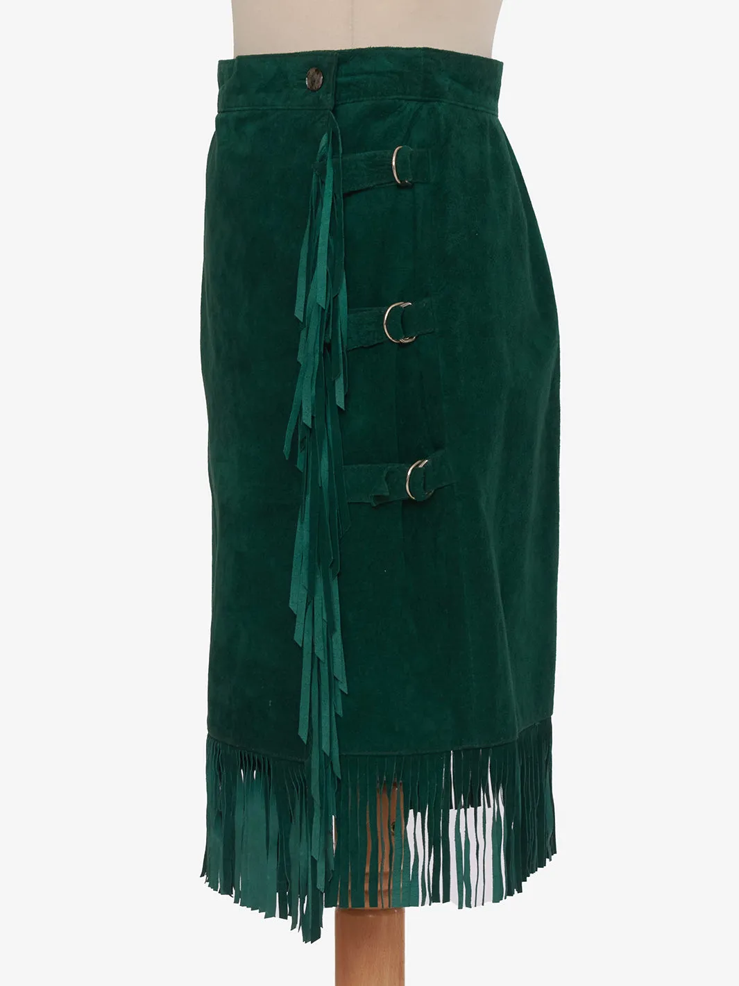 Vintage green suede midi skirt with bangs