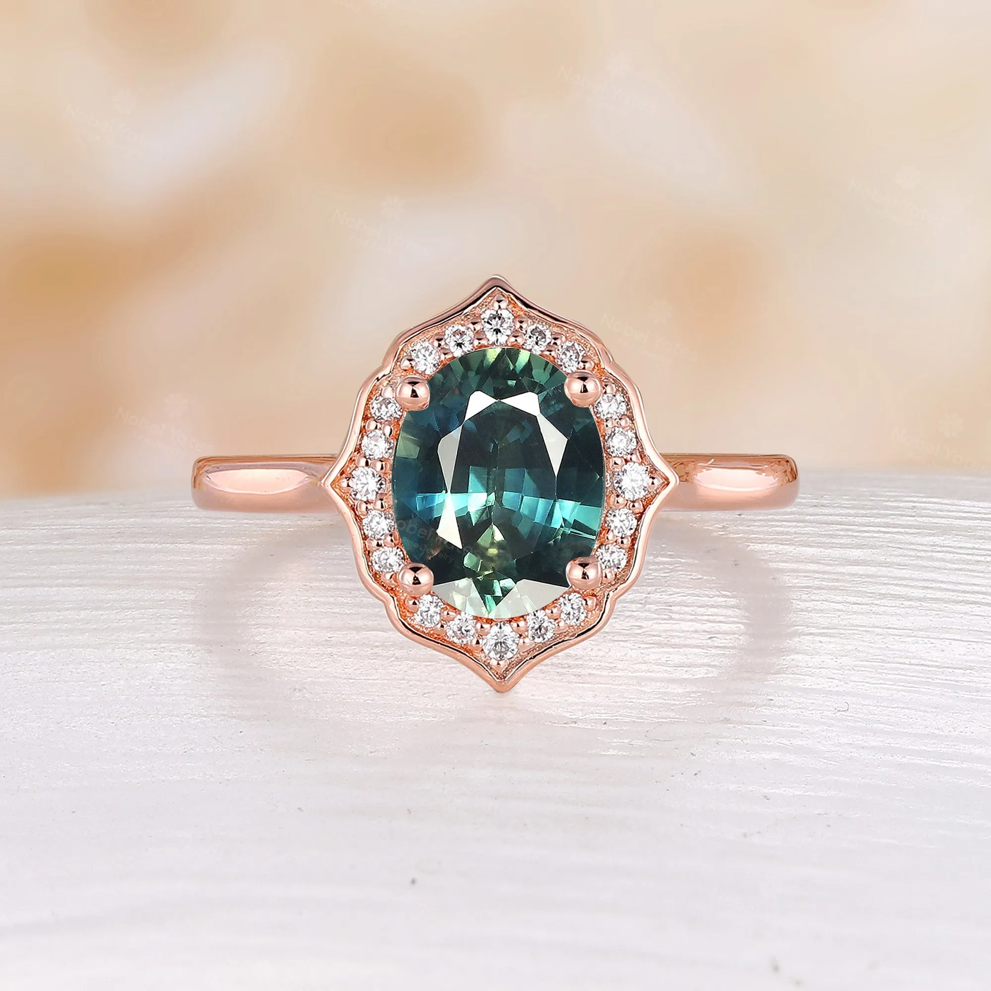 Vintage Oval Shape Moss Agate Engagement Ring Rose Gold Halo