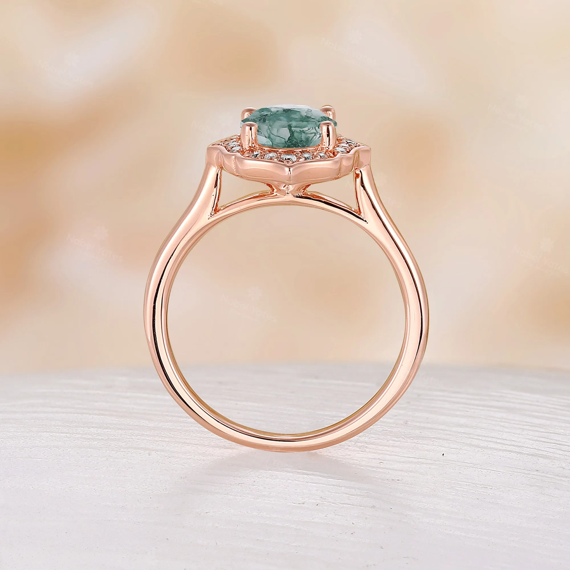 Vintage Oval Shape Moss Agate Engagement Ring Rose Gold Halo