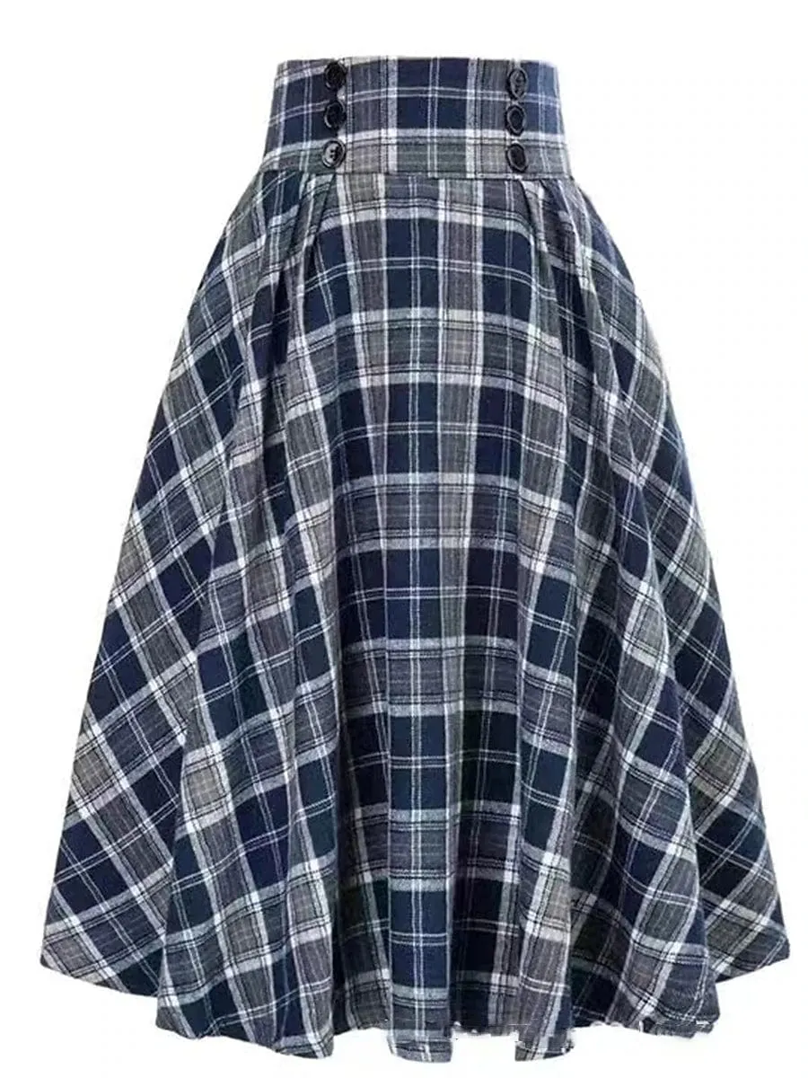 Women's Plaid Print Midi Skirt in Red, Blue, Green, and Khaki - Sizes S, M, L